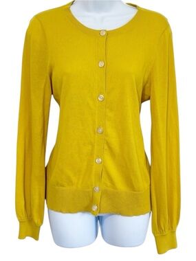 LOFT Mustard Yellow Cardigan Small Button Up Cotton Lightweight Sweater Women